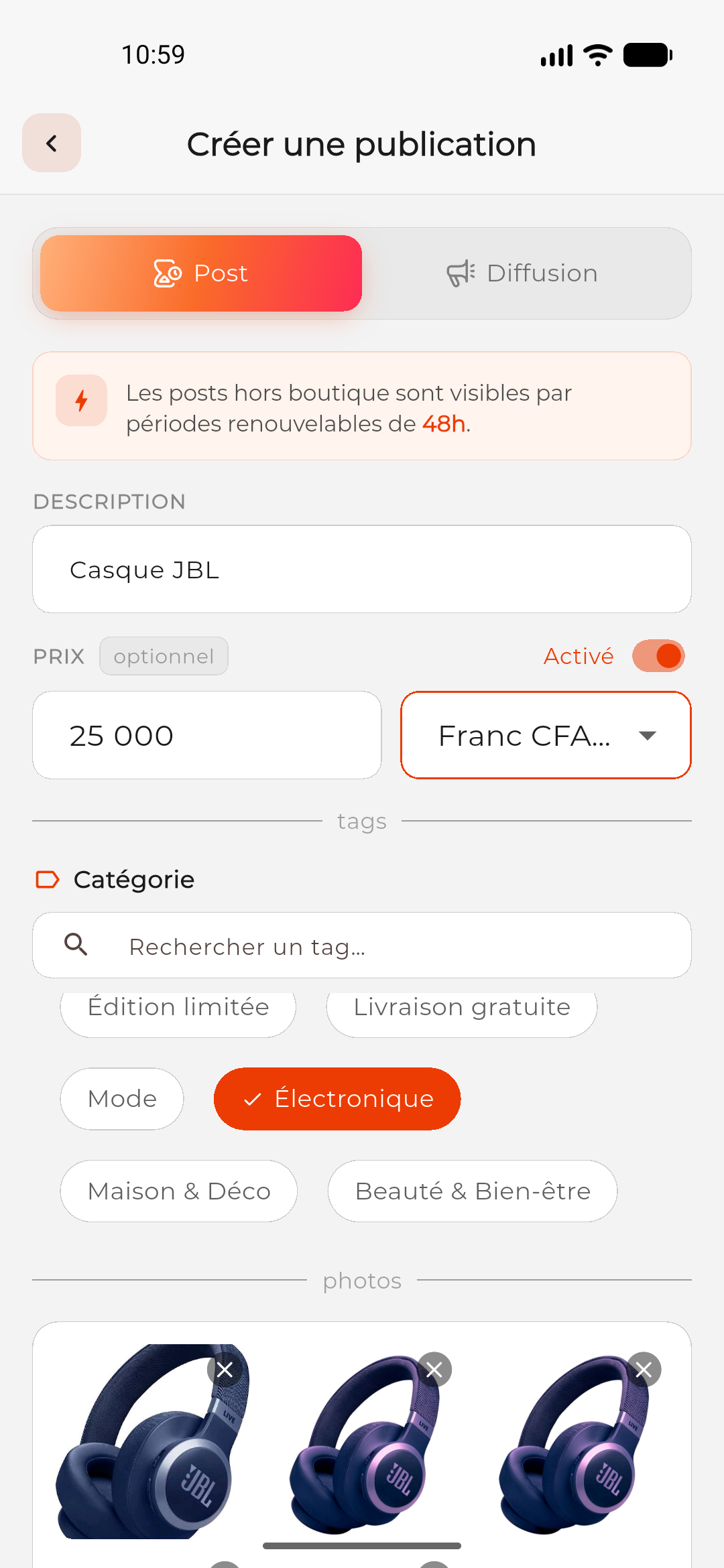 Le formulaire de publication avec le champ prix et le choix de la catégorie.