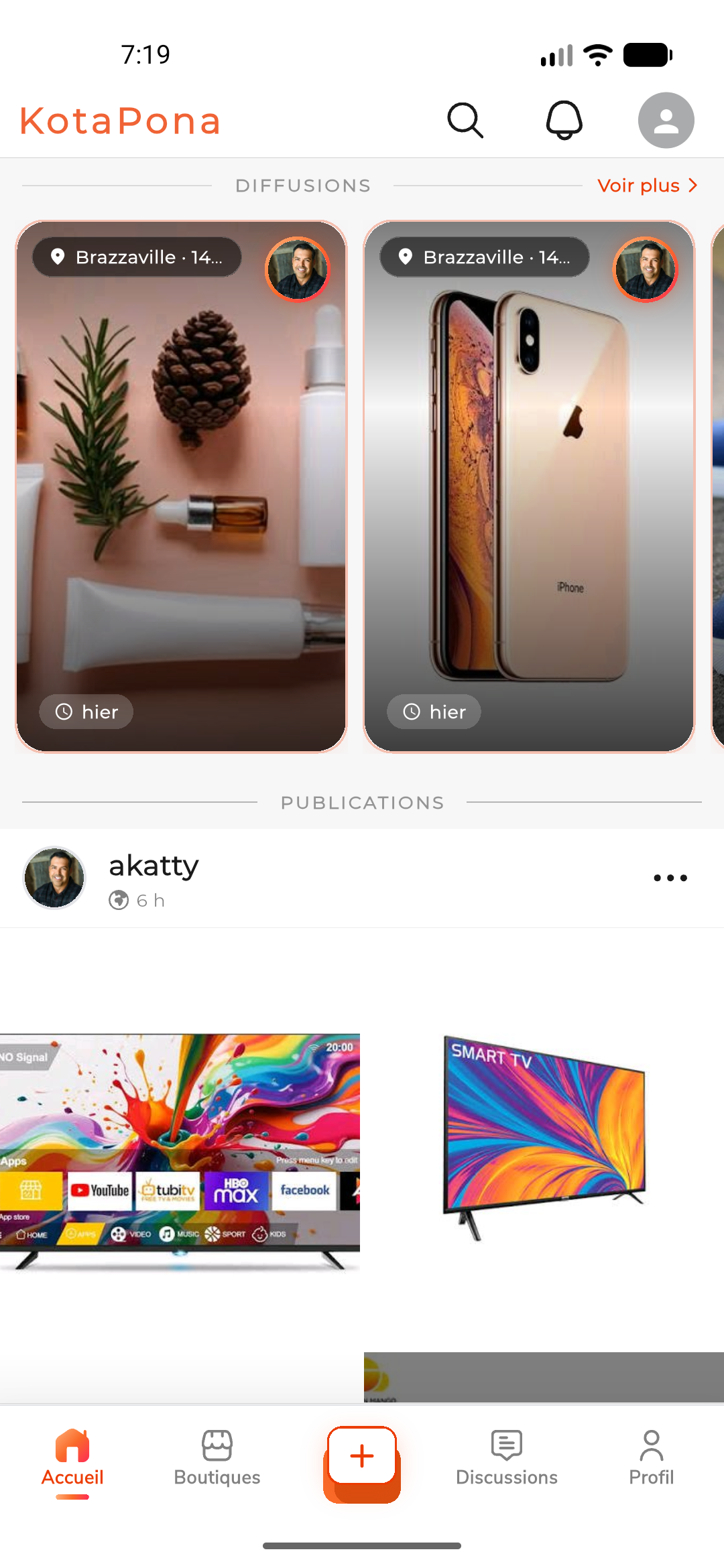 Le fil KotaPona : des annonces avec photo, prix et distance du vendeur.